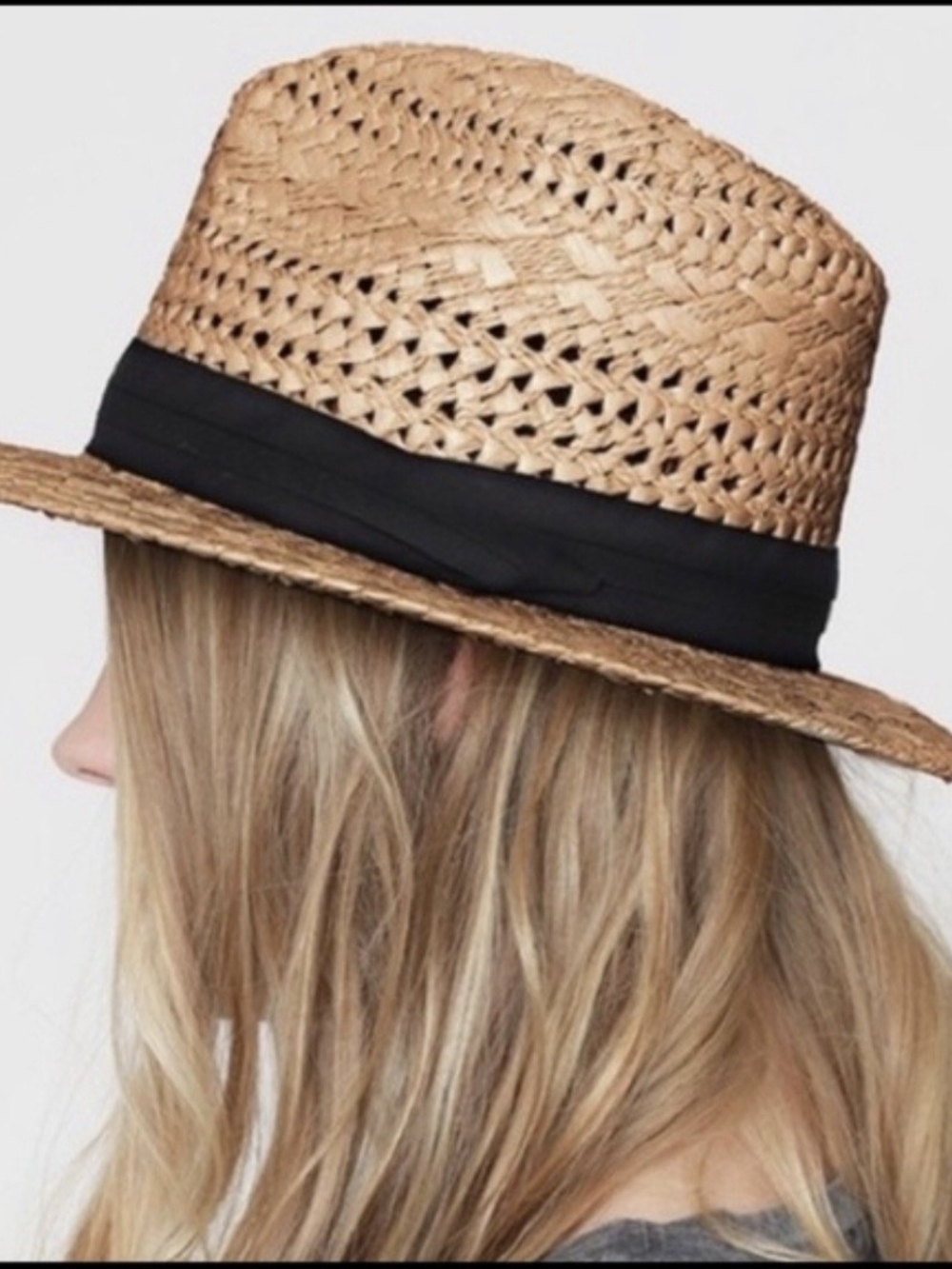 Macchia di Ruggine Wide-Brim Straw Fedora Hat with Black Band